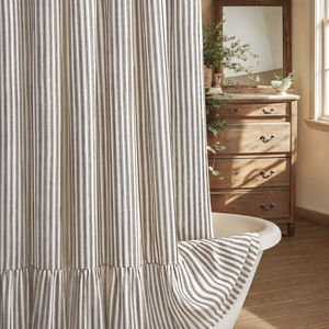 Farmhouse Shower Curtain with Ruffle Hem Linen Shower Curtains for Bathroom Country Vintage Rustic Natural Fabric, Cream-Brown Stripe 72" W x 72" L
