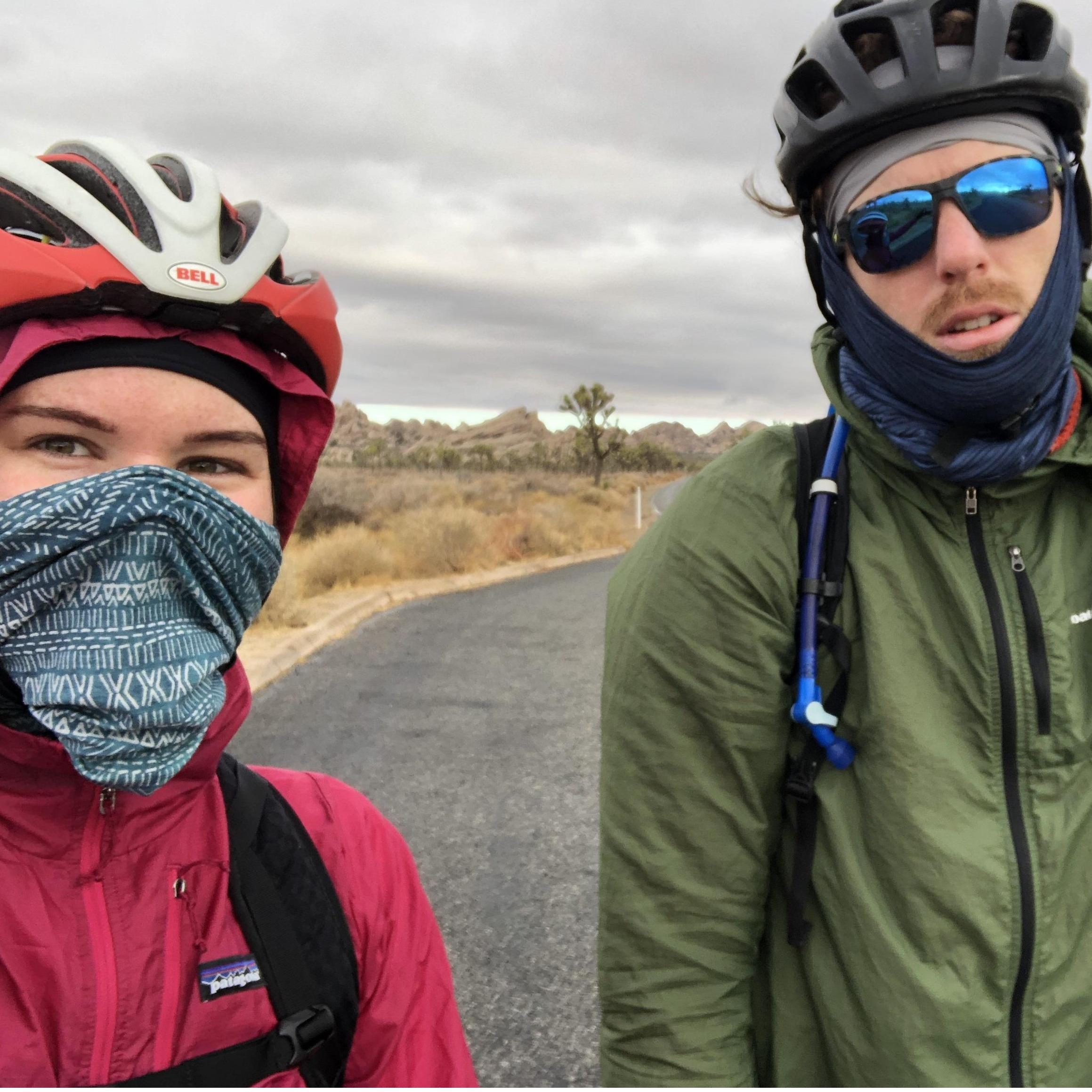 A very cold and snowy bike ride in Joshua Tree - unknown to Cora at the time, this was one day before the proposal!