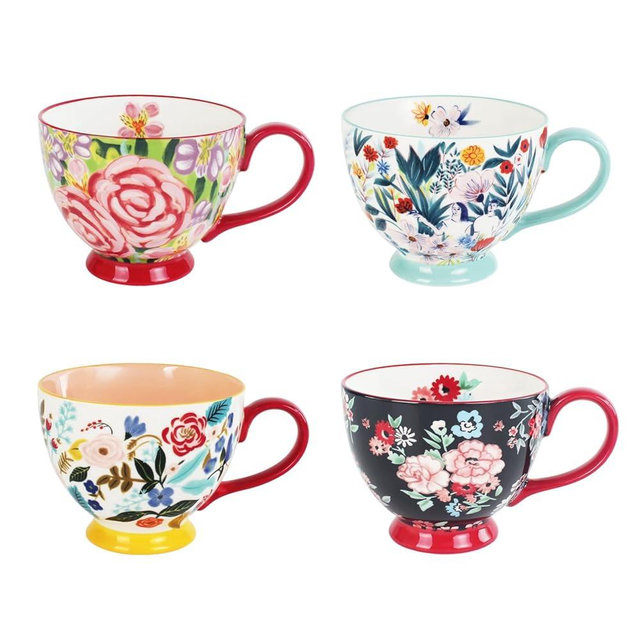 jinsongdafa A 4-piece teacup set, 14oz hand-painted floral ceramic teacups large capacity with handles, suitable for afternoon tea, parties, breakfast, etc a housewarming gift or wedding gift. (Set 1)