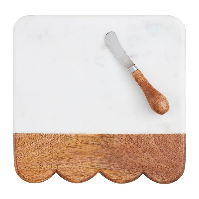 Mud Pie Scalloped Wood Marble Board, 10" x 10", BROWN
