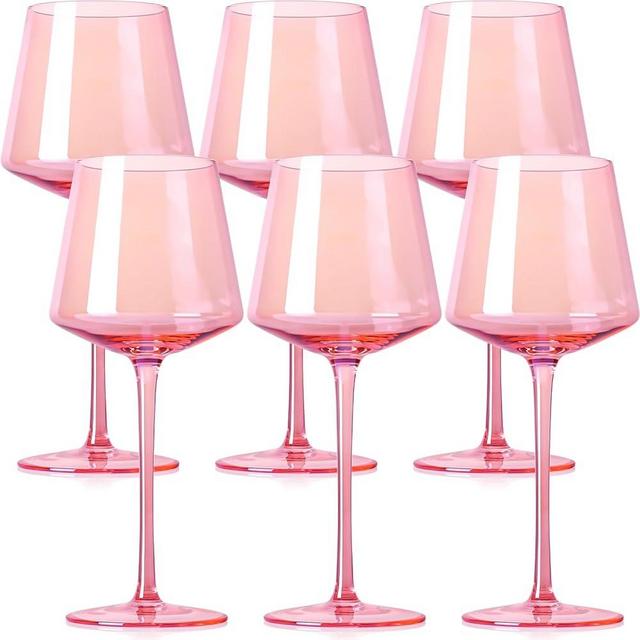 Physkoa Pink Wine Glasses Set of 6,16oz Hand-Blown Wine Glasses, Pink Wine Glasses, Long Stem Wine Glasses for Bars, Party, Bars, Women Wine Glass Gift