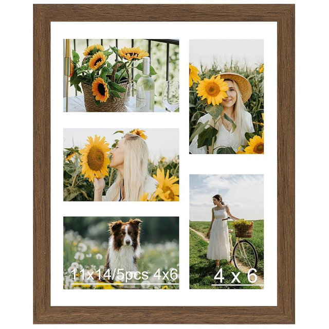 JCJMY 11x14 Picture Frame, 4x6 Collage Picture Frame, Display 5 Pcs 4x6 Photos or 11x14 Picture, Five Opening 4x6 Collage Frame for Wall Hanging, Lightweight 4 x 6 Multi Pictures Frame, Brown