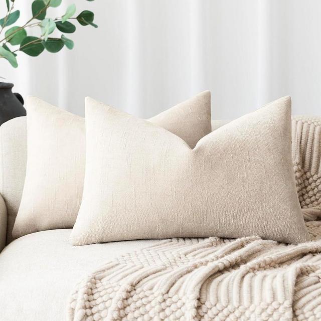 Foindtower Pack of 2 Soft Textured Throw Decorative Pillow Covers Lumbar Accent Solid Cushion Cover Cozy Neutral Farmhouse Pillow Case for Couch Sofa Bedroom Living Room 12x20 Inch, Light Beige