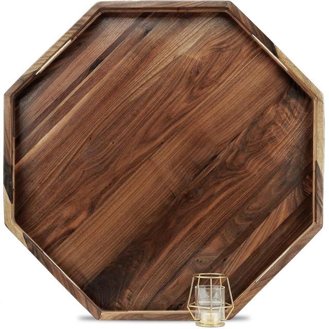 MAGIGO 26 Inches Extra Large Octagonal Black Walnut Wood Ottoman Tray with Handles, Serve Tea, Coffee Classic Wooden Decorative Serving Tray