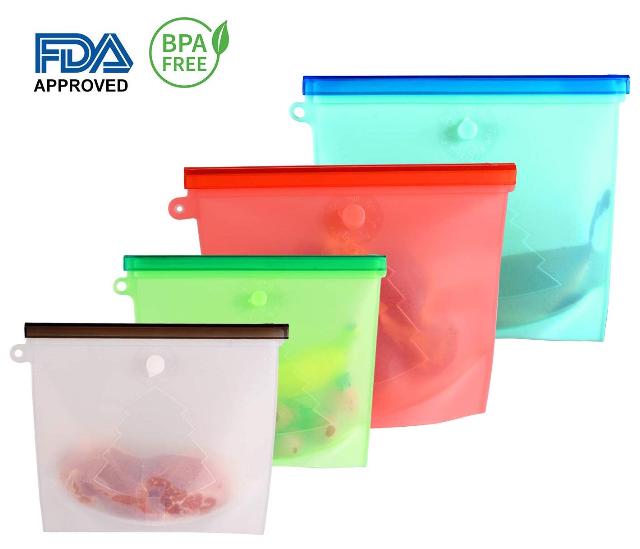 Reusable Silicone Food Storage Bags | Clear Silicone Bag for Lunch, Sous Vide Cooking with Airtight Seal | Large Sandwich/Snack Size Silicone Baggies, Freezer Safe Reusable Kitchen Bags Set - 4 Pack