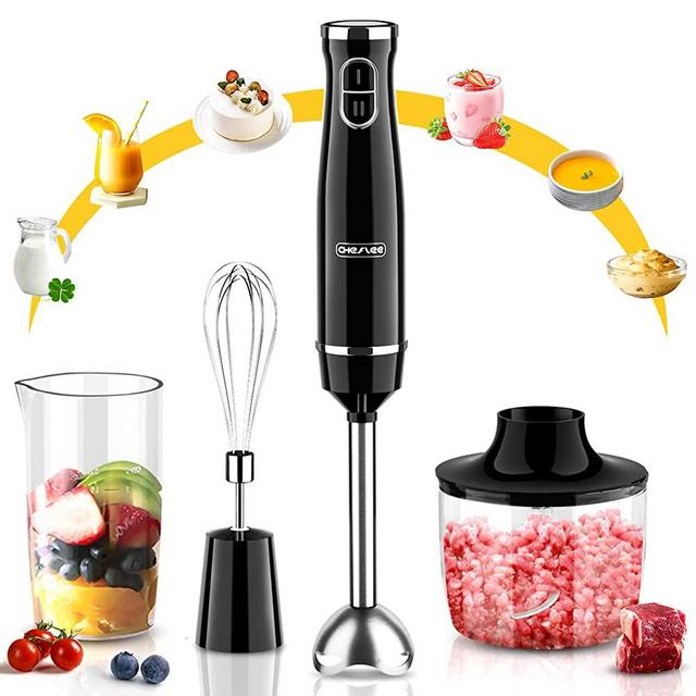 CHeflee Hand Blender 300 Watt 2-Speed Immersion Multi-Purpose Hand Blender Heavy Duty Copper Motor Stick Blender with Attachments, 304 Stainless Steel Handheld Blender, Titanium Plated Blade - Black