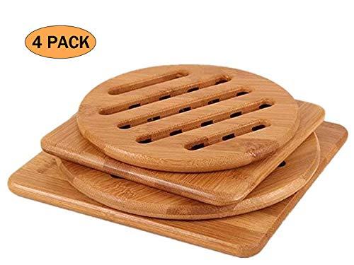VEOLEY Bamboo Trivet Mat Set for Instant Hot Pot/Dishes/Bowl/Teapot/Pads/Hot Pot Holders Heat Resistant Trivet 4Pack, Multi Size, 2Round (S + M), 2Square (S + M)