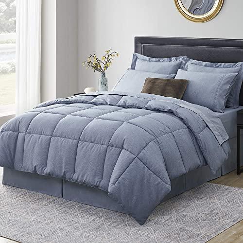 Umchord Navy Queen Comforter Set, 8 Pieces Bed in a Bag, Cationic Dyeing Bedding Sets, Lightweight All Season Down Alternative Comforter Set for Queen Bed (Queen, 88"x88" inches, Navy)