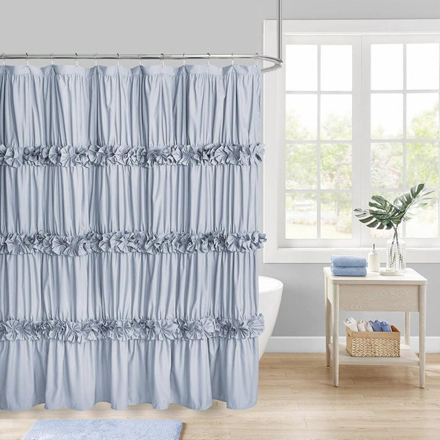 Homechoice Decor Fog Blue Ruffle Shower Curtain, Vintage Handcrafted Bow Tie Bath Curtain for Master Bathroom, Ruched Microfiber Bathroom Curtain with 12 Buttonholes, 72" W x 72" H (LQ-10)