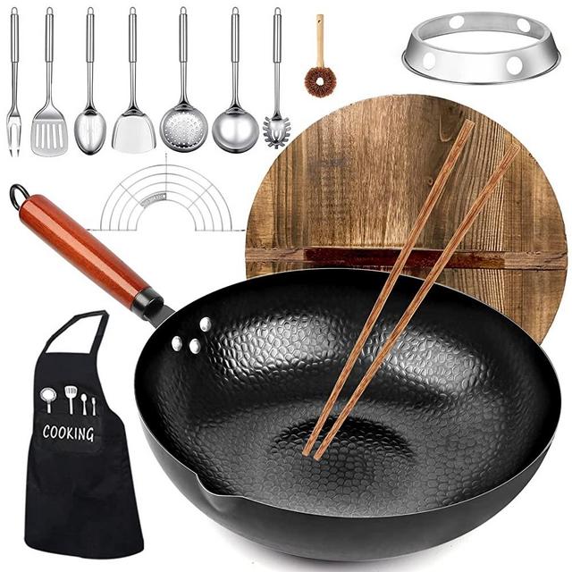 Carbon Steel Wok Pan, KAQINU 14 Piece Woks & Stir-Fry Pans Set with Wooden Lid & Cookwares, No Chemical Coated Flat Bottom Chinese Woks Pan for Induction, Electric, Gas, Halogen All Stoves - 12.6''