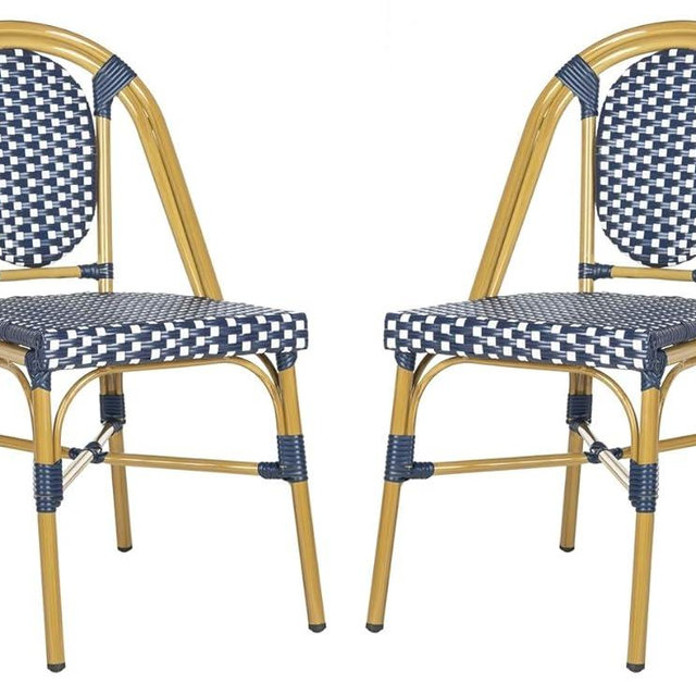 SAFAVIEH Outdoor Collection Lenda French Navy, White and Brown Stackable Bistro Chair (Set of 2)