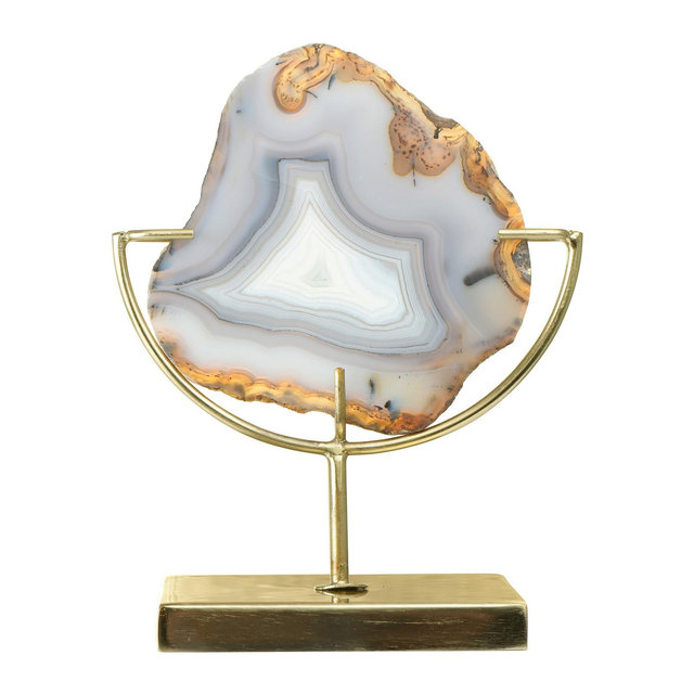 Storied Home Decorative Agate Slice Accent on Metal Stand, Marbled Brown