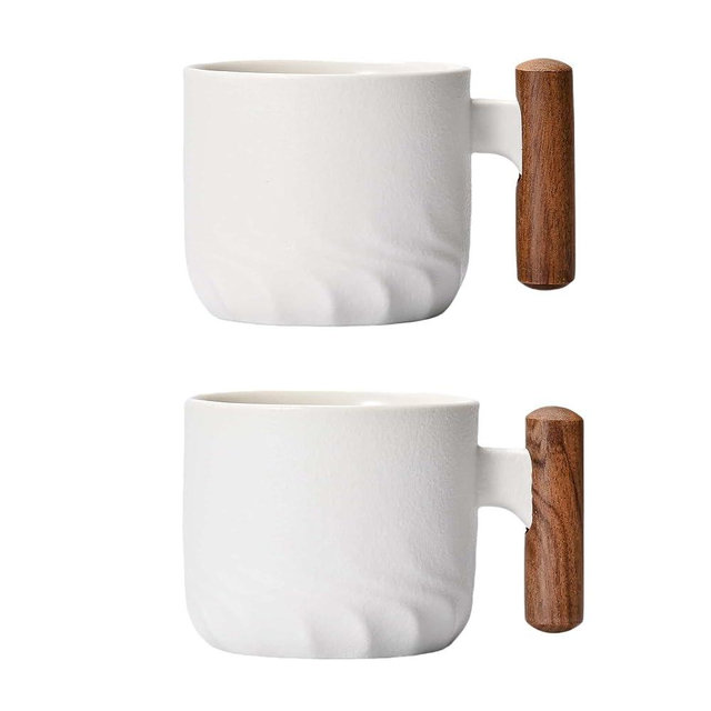 Zurucily Porcelain Espresso Cups Set of 2, Small Tea Cups, 2 oz Ceramic Espresso Cups with Wooden Handle