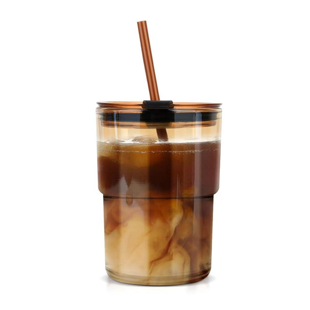 Luxfuel 13oz Tumbler Water Glass Cups with Straw and Lid, 1 Pack Reusable Glass Coffee Tumbler for Iced Tea, Coffee, Sealed Carry-On Travel Cups for Office, Party, Camping and Outdoor