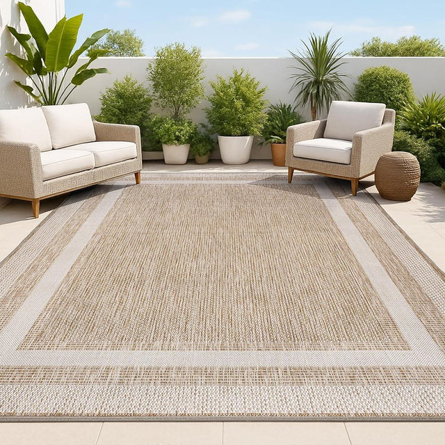 JONATHAN Y 3-Stripe Border Indoor Outdoor Area Rug 4X6 Beige/Cream, Dover Classic for Backyard, Patio, Porch, Easy-Cleaning, High Traffic, Pet-Friendly, Non-Shedding (TSN209A-4)