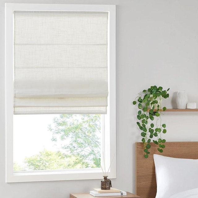 Madison Park Kyler Cordless Roman Shades - Single Panel, Lightweight Linen Blend Fabric, Natural Design, Easy Installation, Light Filtering Window Blind, Bedroom, Living Room Decor 35"W x 64"L White