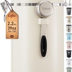 Veken Coffee Canister, 39OZ Large, Airtight Stainless Steel Food Storage Container for 2.2lbs Coffee Beans, Ground, Sugar, Tea, Flour, Cereal, Kitchen Bar Accessories with Date Tracker & Scoop, Cream