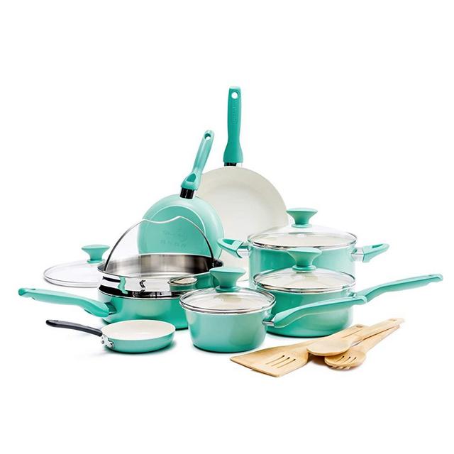 GreenPan Rio Healthy Ceramic Nonstick, Cookware Pots and Pans Set, 16-Piece, Turquoise