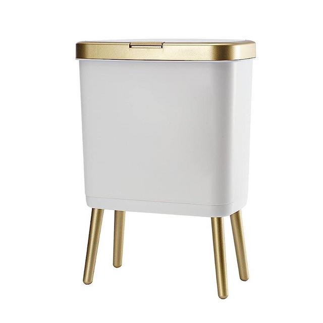 Bathroom Trash Can with Lid, Small Garbage Can with Lid, 4 Gal Gold Trash Bin with Push Button, Narrow White Trash Can Waste Basket for Bedroom, Bathroom, Living Room,Office，Dog Proof Trash Can