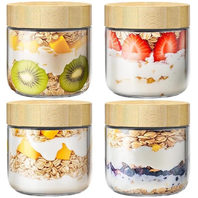 10oz Overnight Oats Containers with Lids, Glass Jars with Bamboo Lids, Glass Meal Prep Jars with Airtight Lids for Yogurt, Salad, Chia, Wide Mouth Mason Jar with Lid for Food Storage - 4 Pack