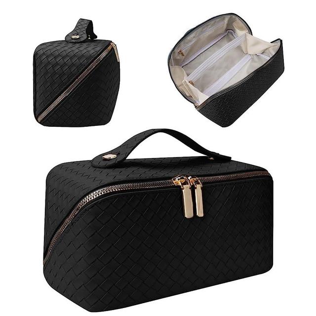 XASRVIR Makeup Bag, Travel Makeup Bag, Leather Waterproof Makeup Bag, Portable flat Large Opening Makeup Bag,Multifunctional Storage Travel Toiletry Bag Skincare Bag(Woven-Black)