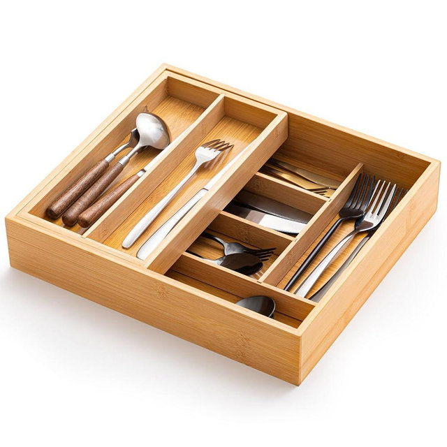 Fiwochic Double Bamboo Kitchen Drawer Organizer, 2-tier Utensil Deep Drawer Organizer, Removable Utensil Holder and Cutlery Tray Storage for Chopsticks, Spoons, Forks, Various Tableware and Cookware