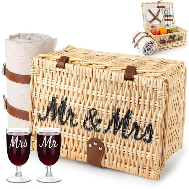 Ferrochef Picnic Basket for 2, Engagement Wedding Bridal Shower Gifts for Couples Bride, Wicker Picnic Basket with Waterproof Blanket & Insulated Liner Willow Hamper Set for Mr and Mrs Outdoor Camping