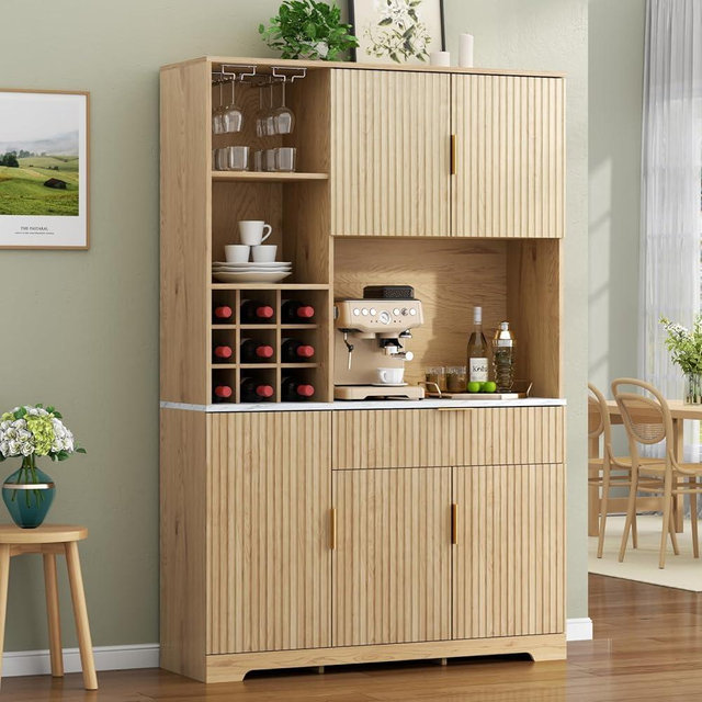 Loomie 72” Tall Kitchen Pantry Cabinet, Fluted Storage Cabinet with Microwave Stand, Wine Bar Cabinet with Storage Hutch, Buffet Sideboard with Drawer & Wine Rack for Dining Room, Natural (Natural)