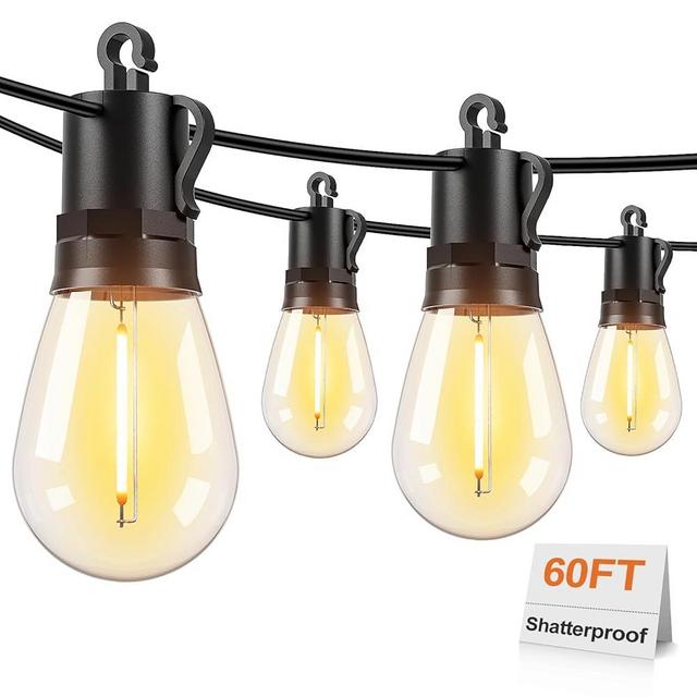 Brightever LED Outdoor String Lights, 60FT Patio Lights with 17 Shatterproof S14 Vintage Edison Bulbs(1 Spare), Outside Hanging Light Waterproof for Porch, Garden, Deck, Backyard, 2700K Dimmable