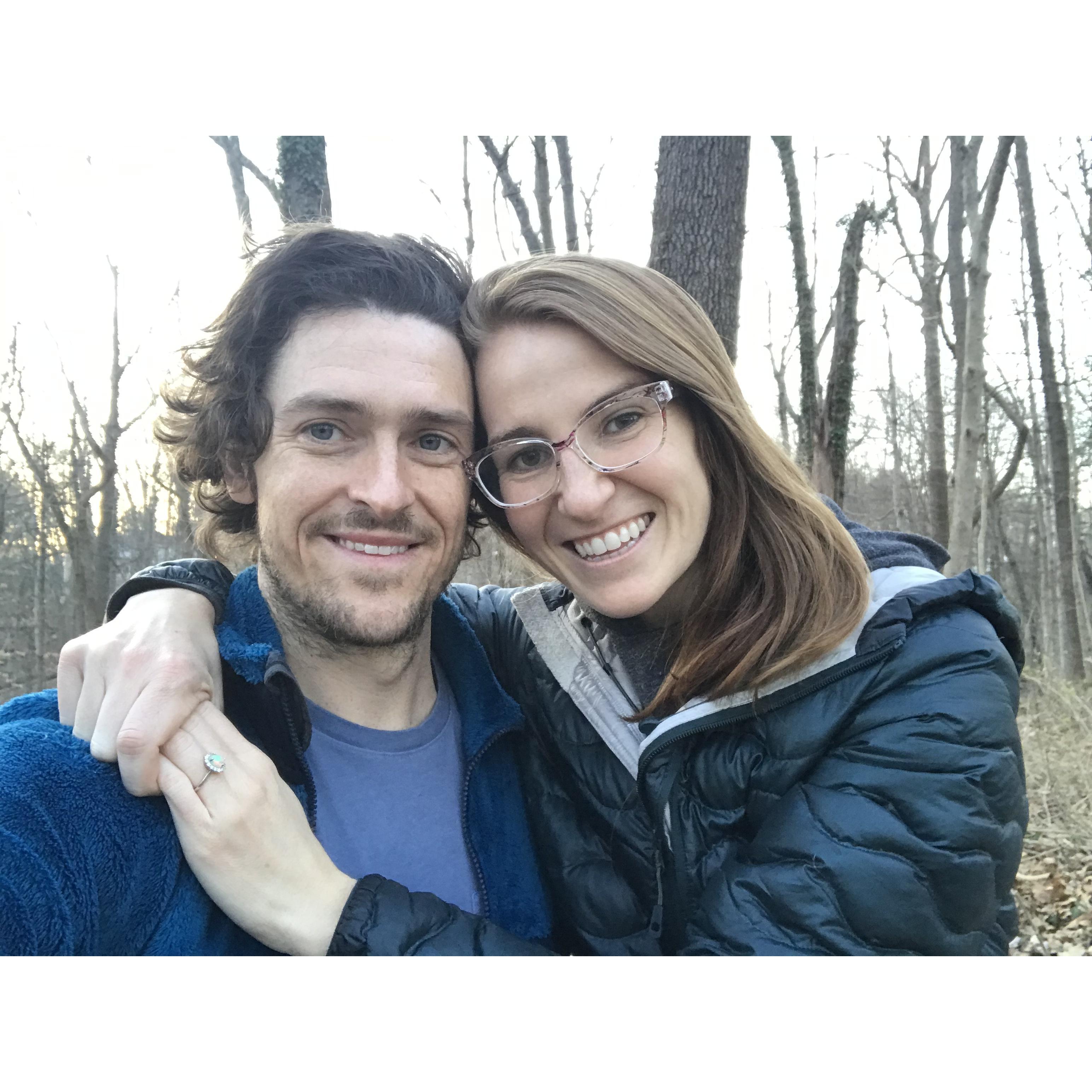Nick proposed in the woods behind our home in a special little spot.