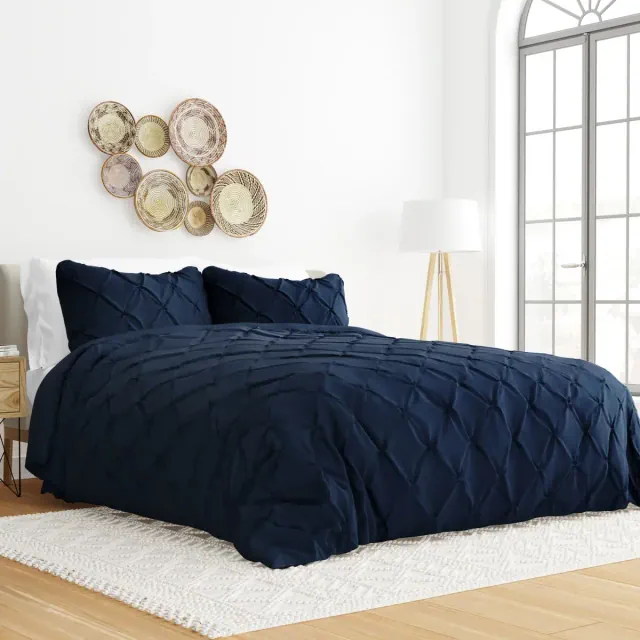 Pinch Pleat Textured 3PC Duvet Cover & Shams Set, Pintuck Design, Ultra Soft - Becky Cameron, Navy, King/California King