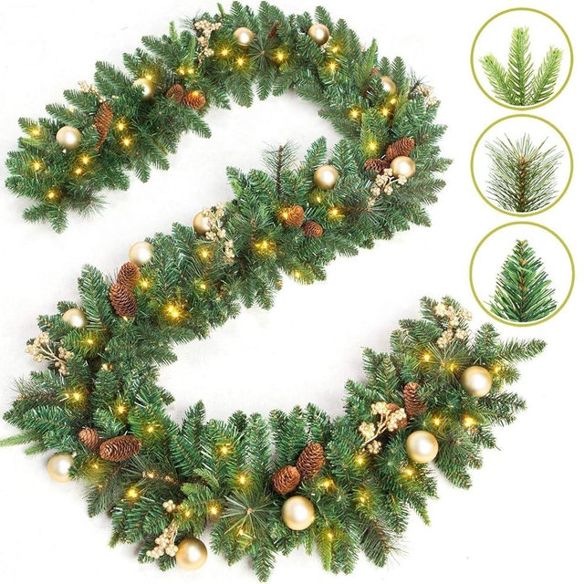 9 FT Prelit Christmas Garland Battery Operated with 50 Warm Lights, Xmas Garland Greenery Outdoor with Pine Cones and Timer, Front Door Mantle Garland Christmas Holiday Decoration Indoor
