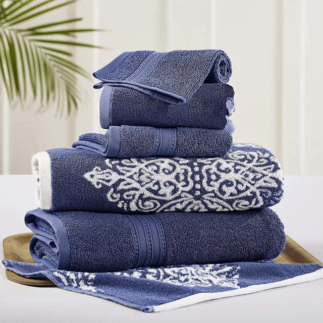 Amrapur Overseas | Artesia Damask 6 Piece Reversible Yarn Dyed Jacquard Towel Set (Indigo)