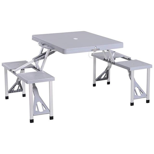Outsunny Portable Foldable Camping Picnic Table with Seats Chairs and Umbrella Hole, 4-Person Fold Up Travel Picnic Table, Grey