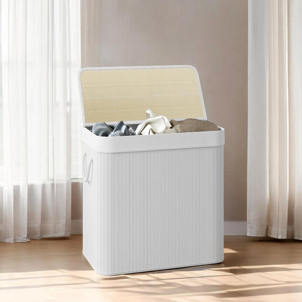 39.6 Gallons Laundry Hamper, 3-Section Laundry Basket,with Lid, Bamboo, Foldable, Removable and Machine Washable Liner Laundry Storage Sorter - white