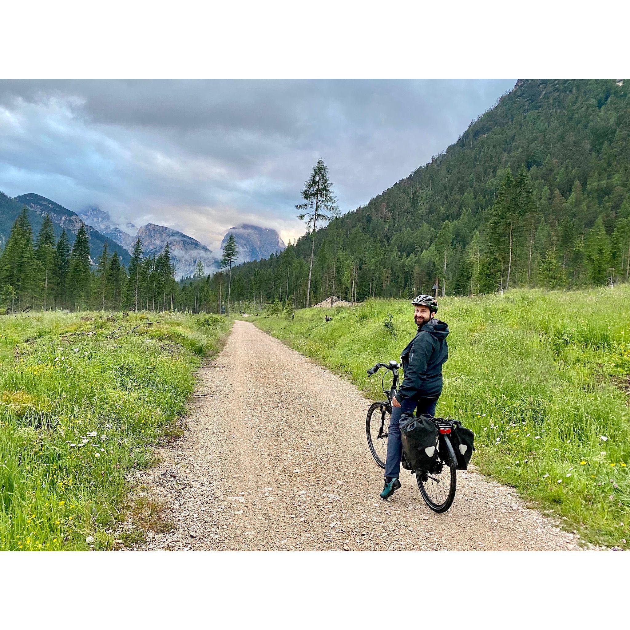 A magical conclusion to our bike trip: we coasted into Cortina de Ampezzo as dusk and mist settled in, surrounded by the mountains. August, 2021