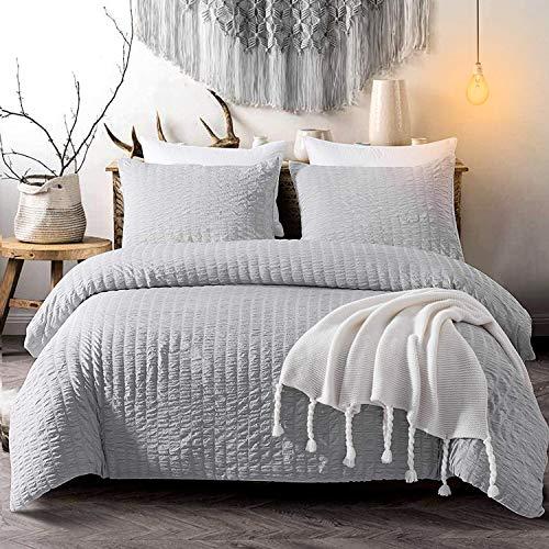 Cozyholy Seersucker Duvet Cover Set 3 Pieces Nature Style Water-Washed Microfiber Bedding Set with Zipper and Corner Ties (Light Grey, King)