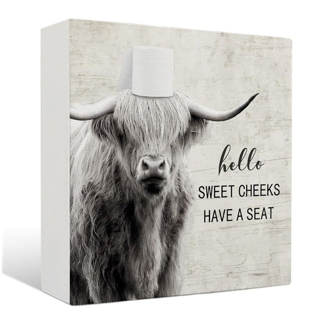 Nrleey Highland Cow Bathroom Decor - Hello Sweet Cheeks Bathroom Decor, Funny Western Bathroom Wood Sign, Wood Western Bathroom Sign, 5 X 5 Inches