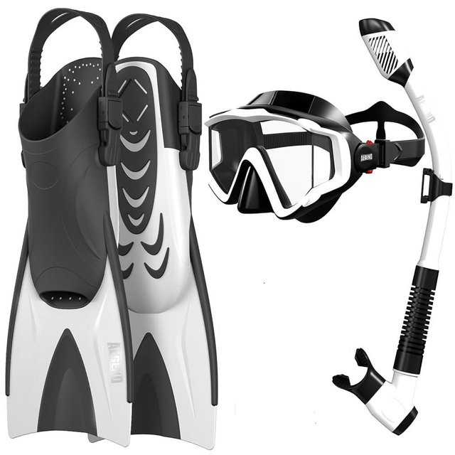 Aegend Snorkeling Gear for Adults Men Women: Anti-Fog Panoramic Mask Set, Adjustable Fins & Dry Top Snorkel – All-in-One Travel Snorkel Set for Swimming, Diving & Snorkeling