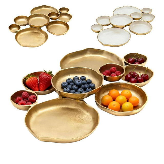 Cluster of 9 Round Serving Bowls, on an Elegant 22-Inch Gold Tray Perfect for Snacks Dips and Appetizers at Parties Weddings and Gatherings, A Decorative Multi-Bowl Platter for Entertaining