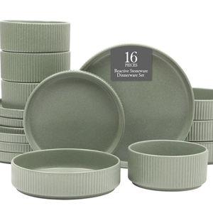 Gibson Elite Deerfield 16-Piece Stoneware Dinnerware Set – Matte Green Stackable Plates and Bowls, Reactive Glaze Finish, Service for 4 – Microwave & Dishwasher Safe