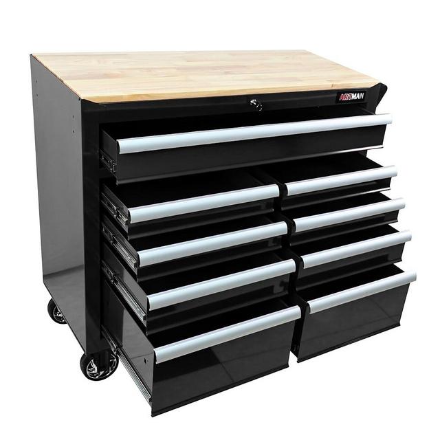 WTRAVEL Heavy Duty Rolling Tool Chest with 9-Drawer Wood Top Tool Cart Mechanic Tool Box with Wheels Tool Storage Cabinet Workbench High Capacity for Garage, Warehouse, Workshop, Repair Shop (Black)
