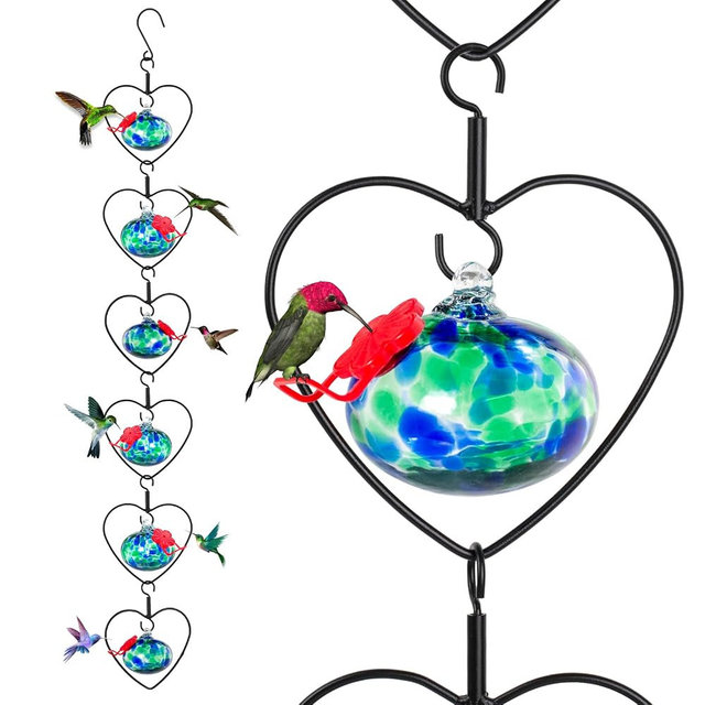 6 Pcs Heart-Shaped Hummingbird Feeder for Outdoors, Flexible Stackable Hand Blown Glass Humming Bird Feeders with 6 Adjustable Perch for Garden Tree Yard Patio Outdoors (Heart Shaped, Dotted Blue)