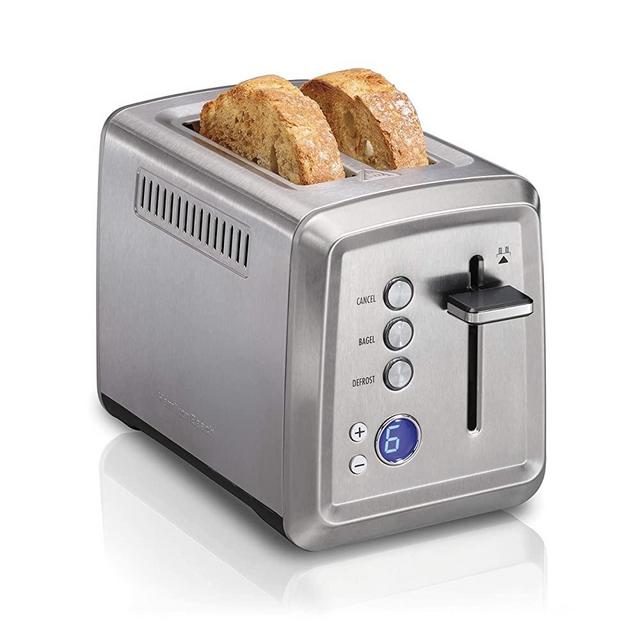 Hamilton Beach Digital 2 Slice Extra Wide Slot Stainless Steel Toaster with Bagel & Defrost Settings, Toast Boost, Slide-Out Crumb Tray, Auto-Shutoff and Cancel Button (22796)