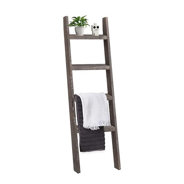 Natsukage Blanket Ladder Rustic Wooden Ladder Farmhouse Blanket Ladder Decorative Ladder Shelf for Living Room Bathroom Bedroom Wall Leaning Ladder Shelf Stand (53" x 22", Rustic Walnut)