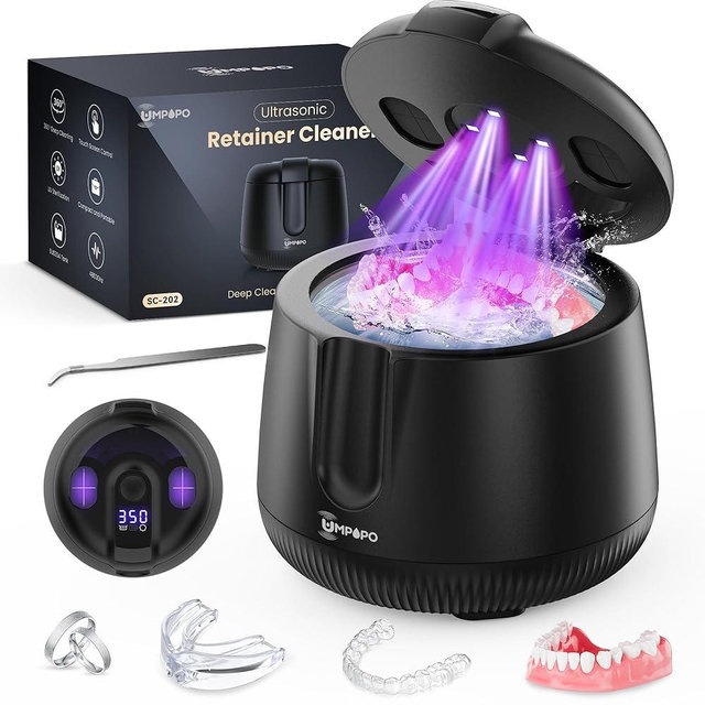 UMPOPO Ultrasonic Retainer Cleaner Machine 48kHz, Dental Cleaning Pod, Ultrasonic Retainer Cleaner for Dentures, Aligners, Mouth Guards, Toothbrush Heads and Jewelry with 200ML Capacity, LAB Supply