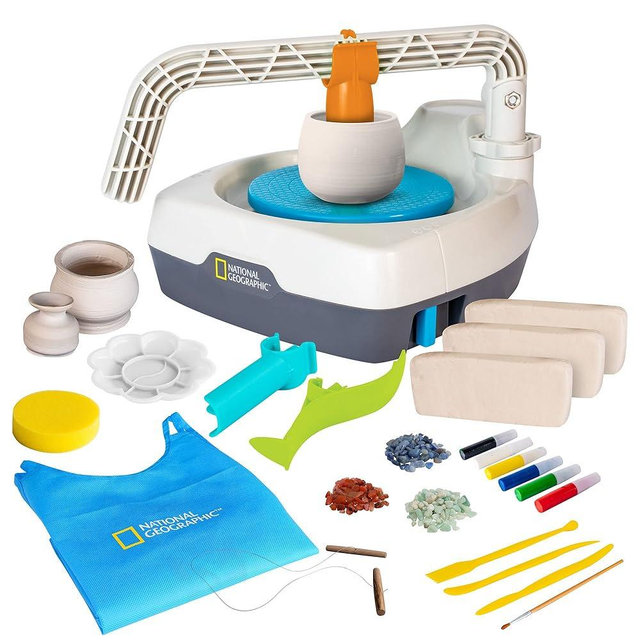 Blue Marble National Geographic Deluxe Pottery Wheel Kit – Complete Starter Pottery Set, Plug-in Motor, 3 lbs. Air Dry Clay, Gemstone Chips, Sculpting Tools, Patented Arm Tool, Paints & More