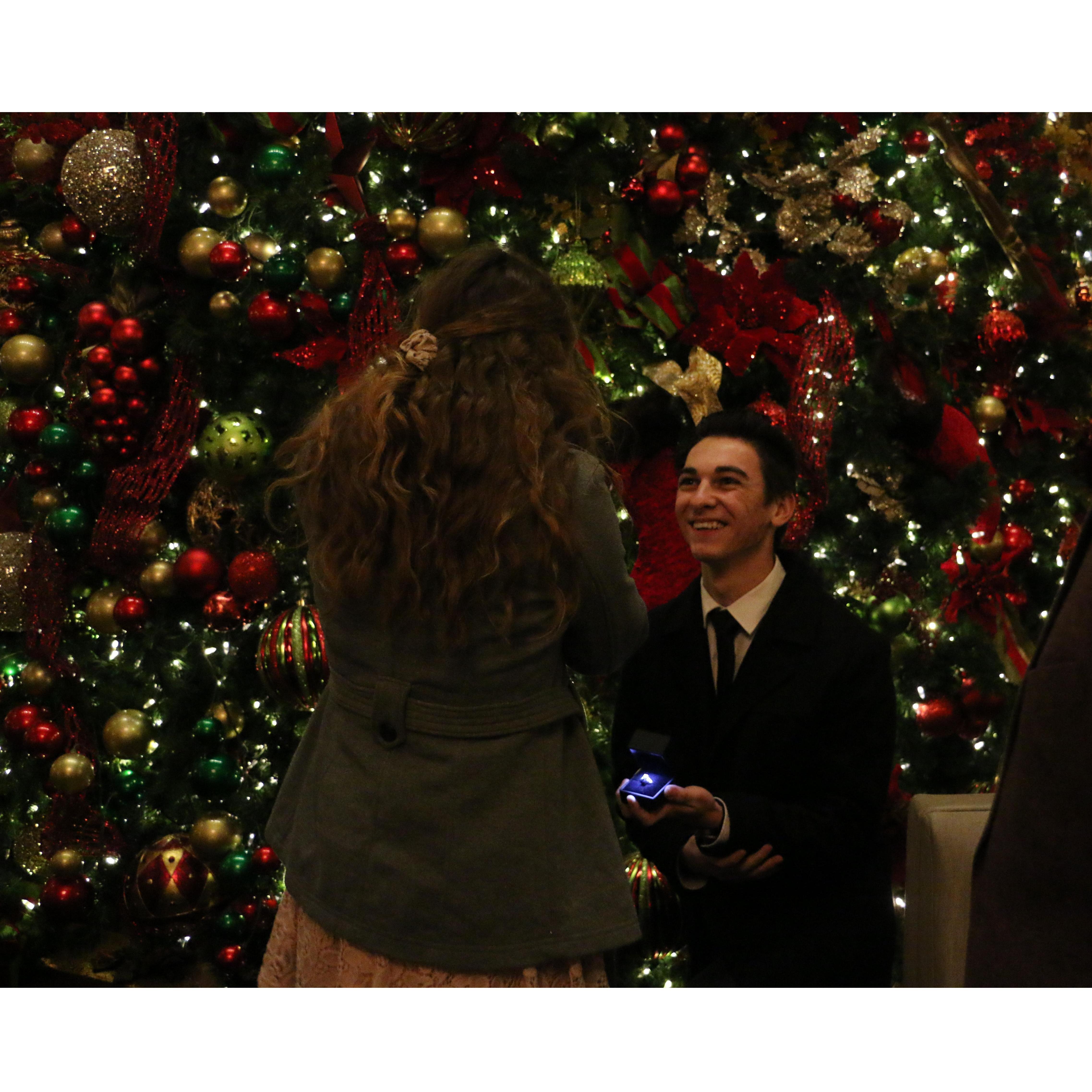 We got engaged at the Peabody hotel on December 20 surrounded by Christmas lights and our families. The glowing ring box was a big hit.