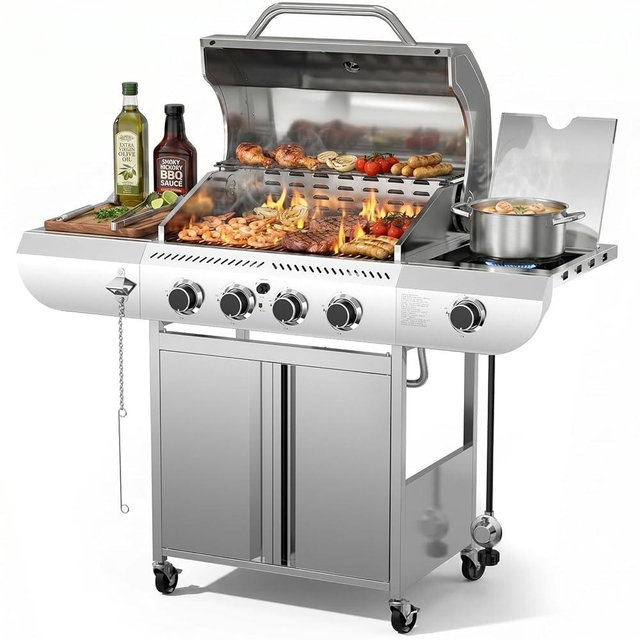 COWSAR 4-Burner Gas Grill, 42000 BTU BBQ Grill, Stainless Steel Barbecue Grill with Side Burner, Enameled Cast Iron Grill, Pull-Out Oil Tray, Suitable For Outdoor, Backyard Barbecues