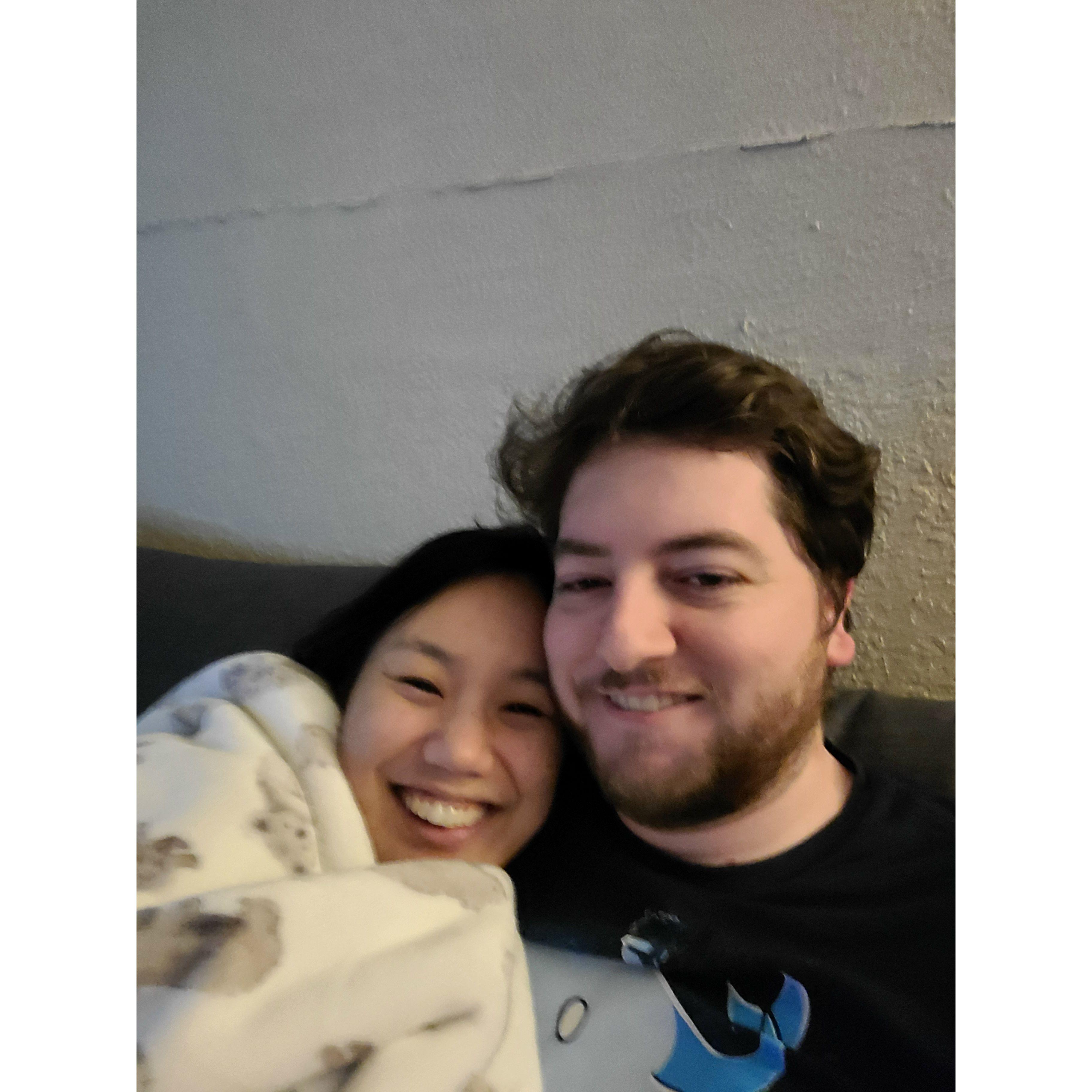 Snuggled up in Nick's first apartment in the US (2021)